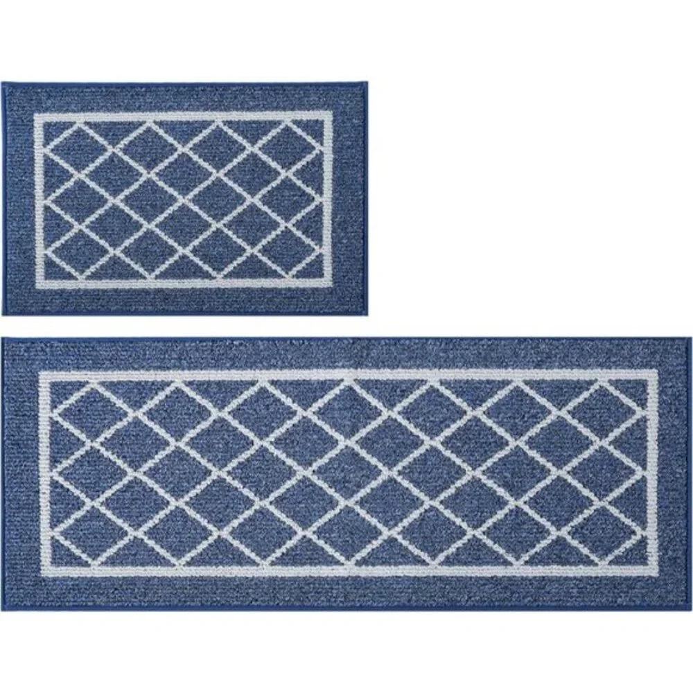 New Set of 2 Navy Blue Kitchen Rug, Washable, Non-Slip, Absorbent Floor Rugs